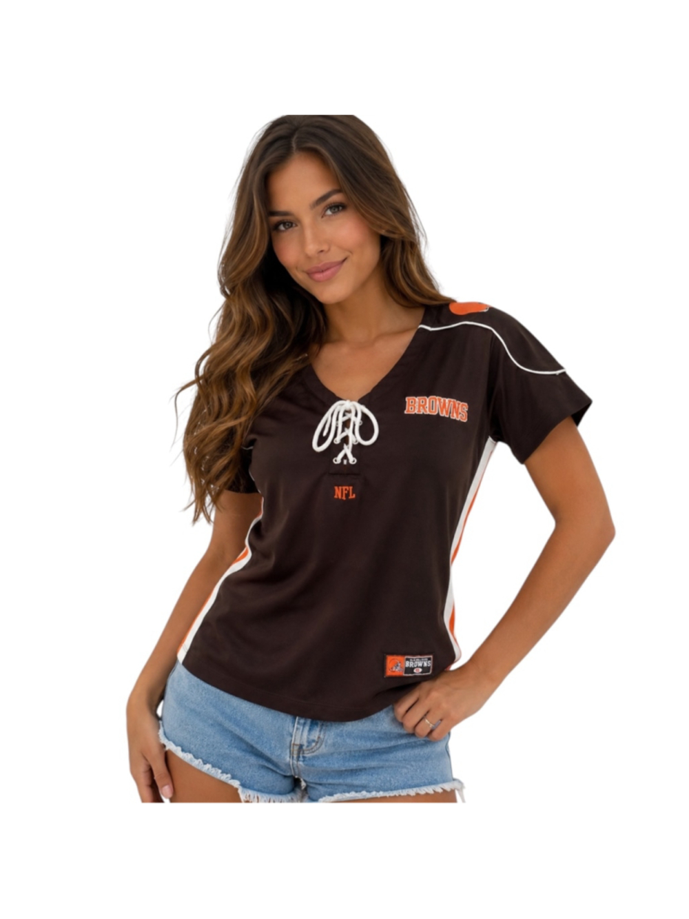 NFL Team Apparel Cleveland Browns Women’s Lace-Up Jersey Top Brown Orange Large